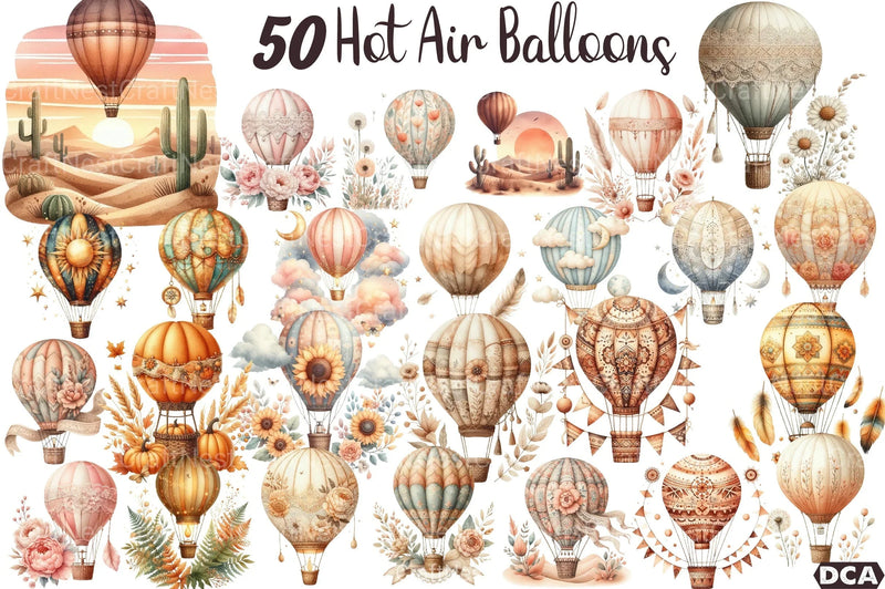 Boho Hot Air Balloons Clipart Bundle - CraftNest - Digital Crafting and Art