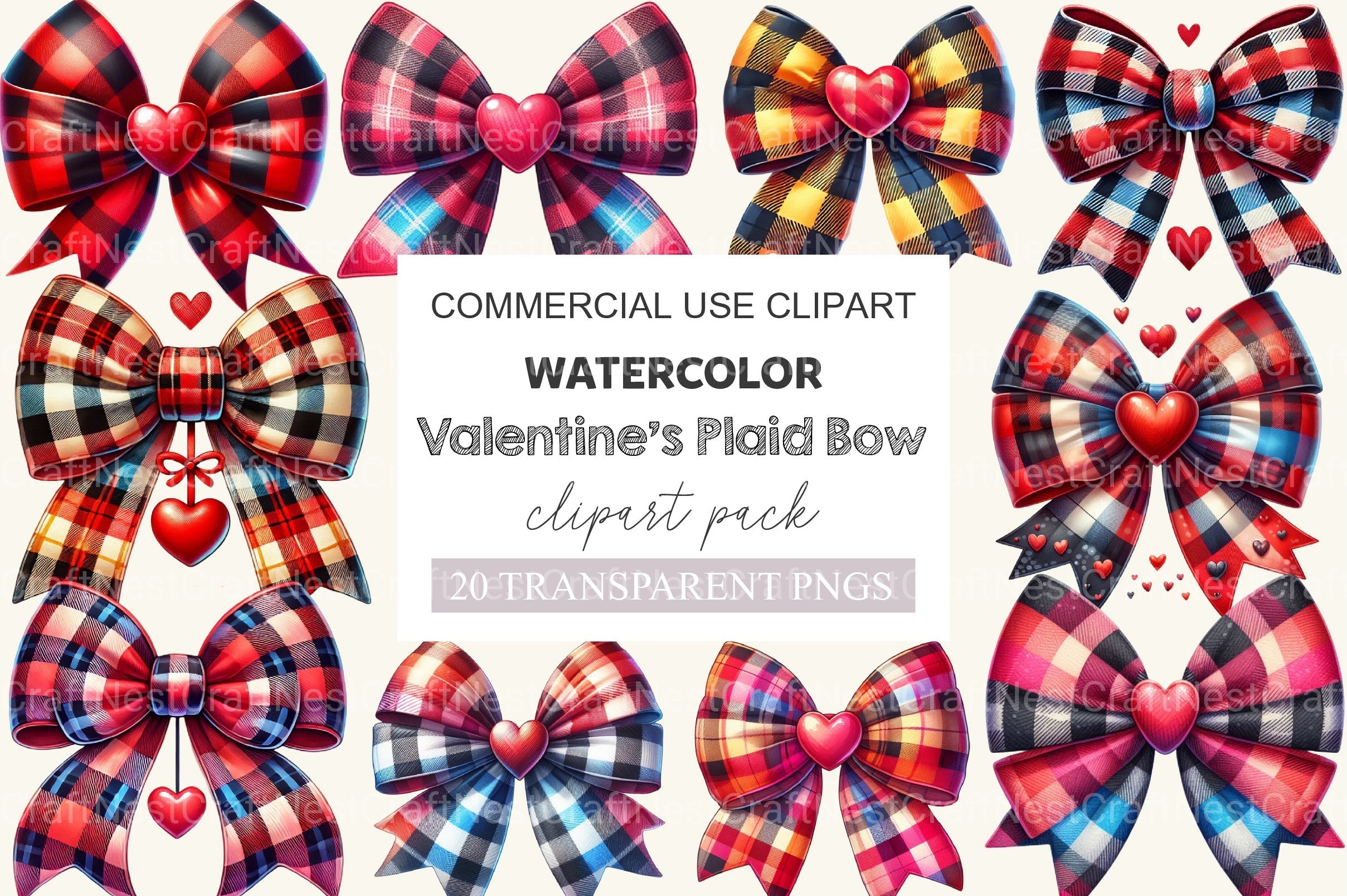 Valentine Buffalo Plaid Bow Clipart Bundle