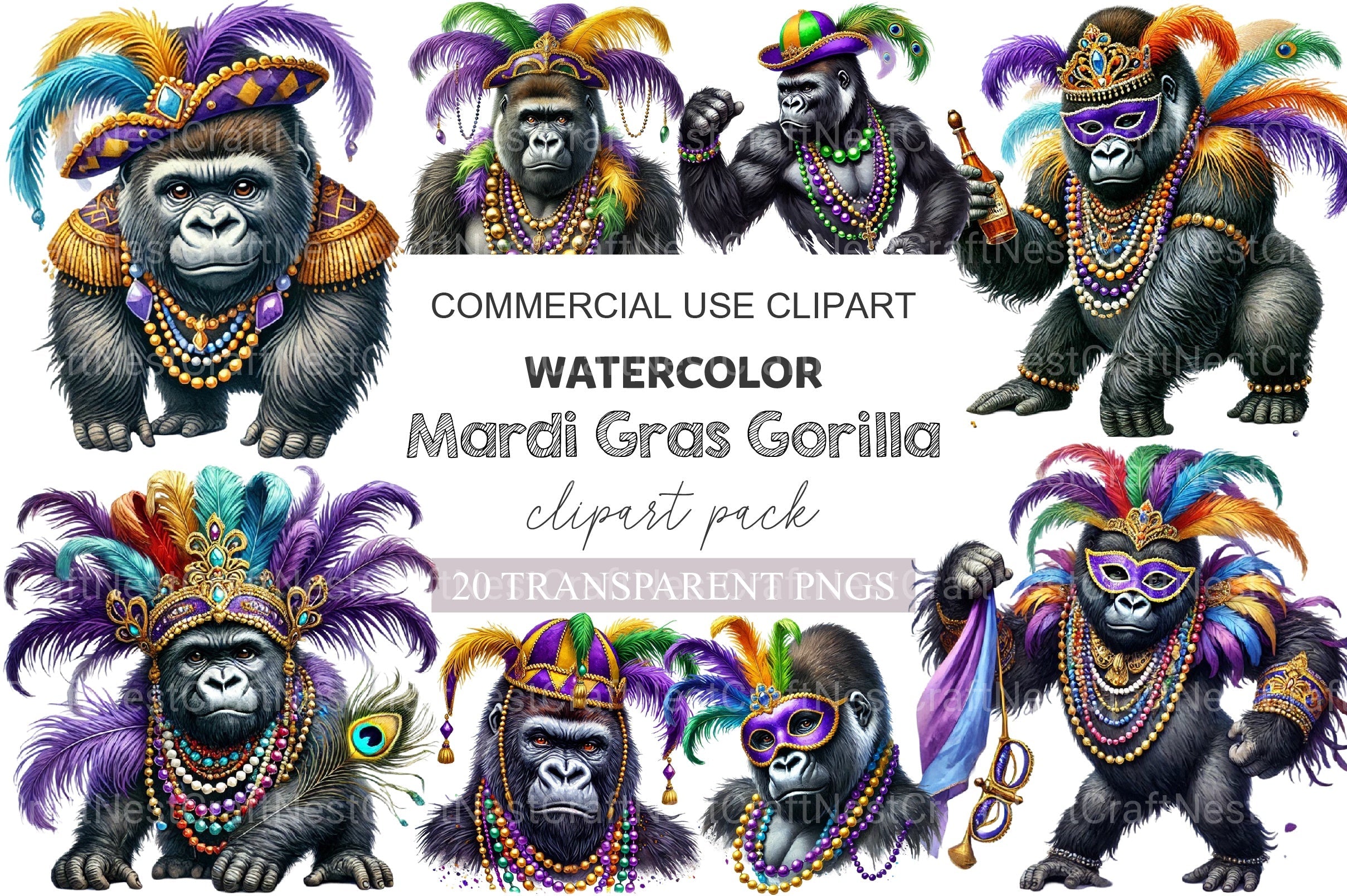 Mardi Gras Gorilla Clipart Bundle