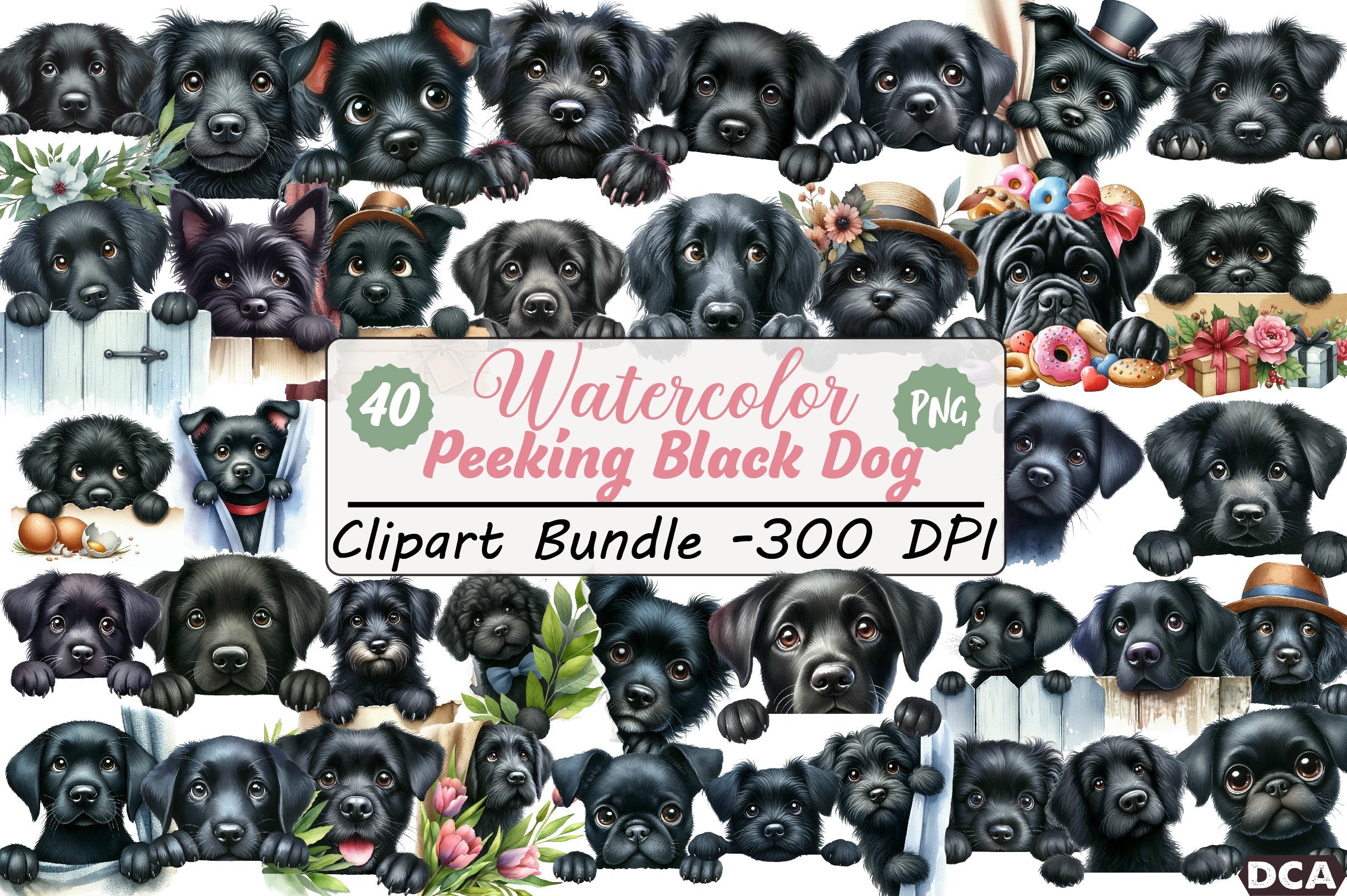 Peeking Black Dog Clipart Bundle