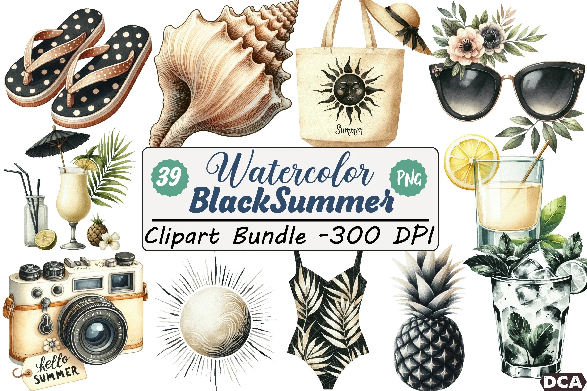 Ivory and Black Hello Summer Clipart Bundle - CraftNest - Digital Crafting and Art