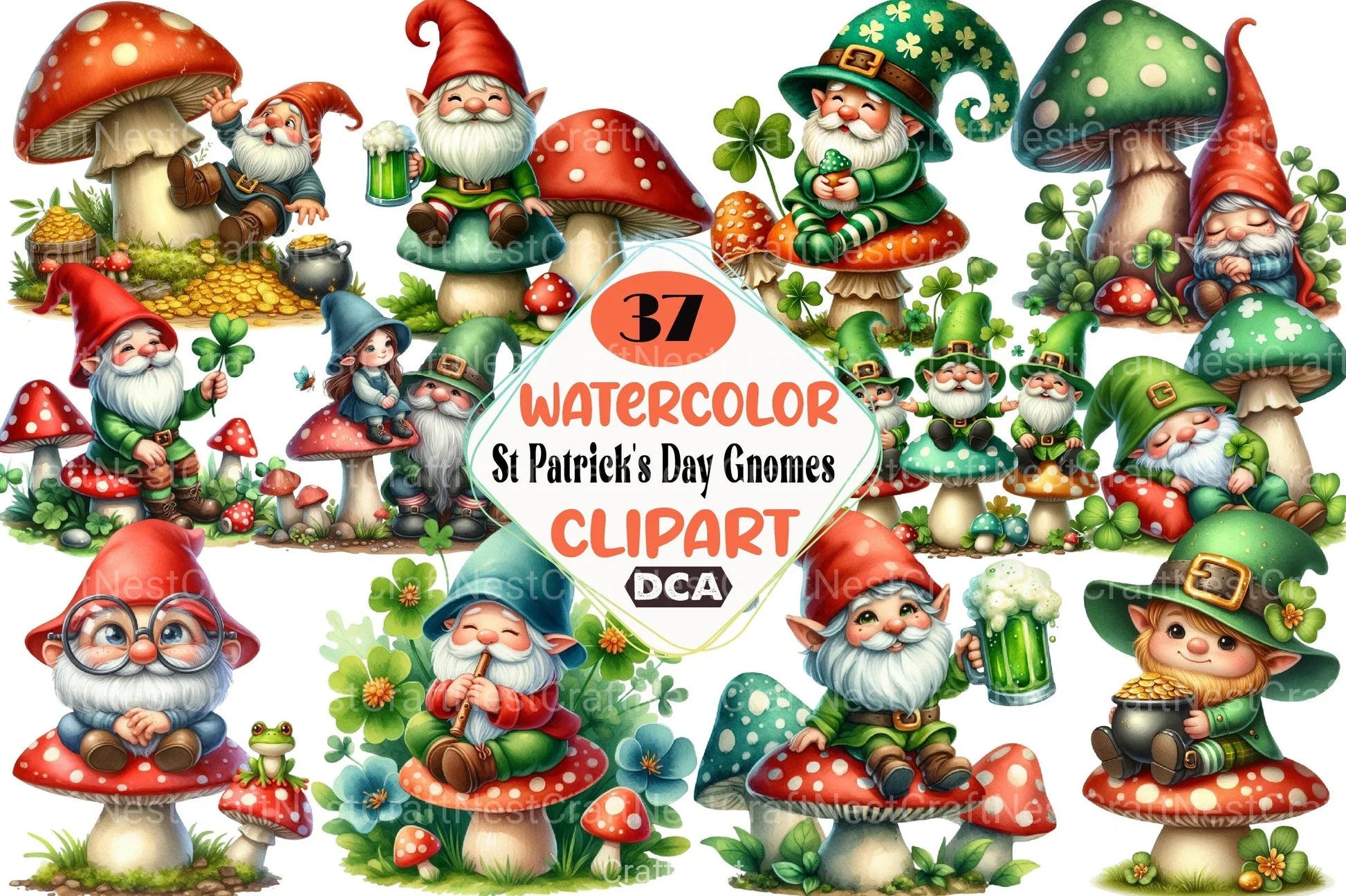 St. Patrick's Day Gnomes on Mushroom Clipart Bundle - CraftNest - Digital Crafting and Art