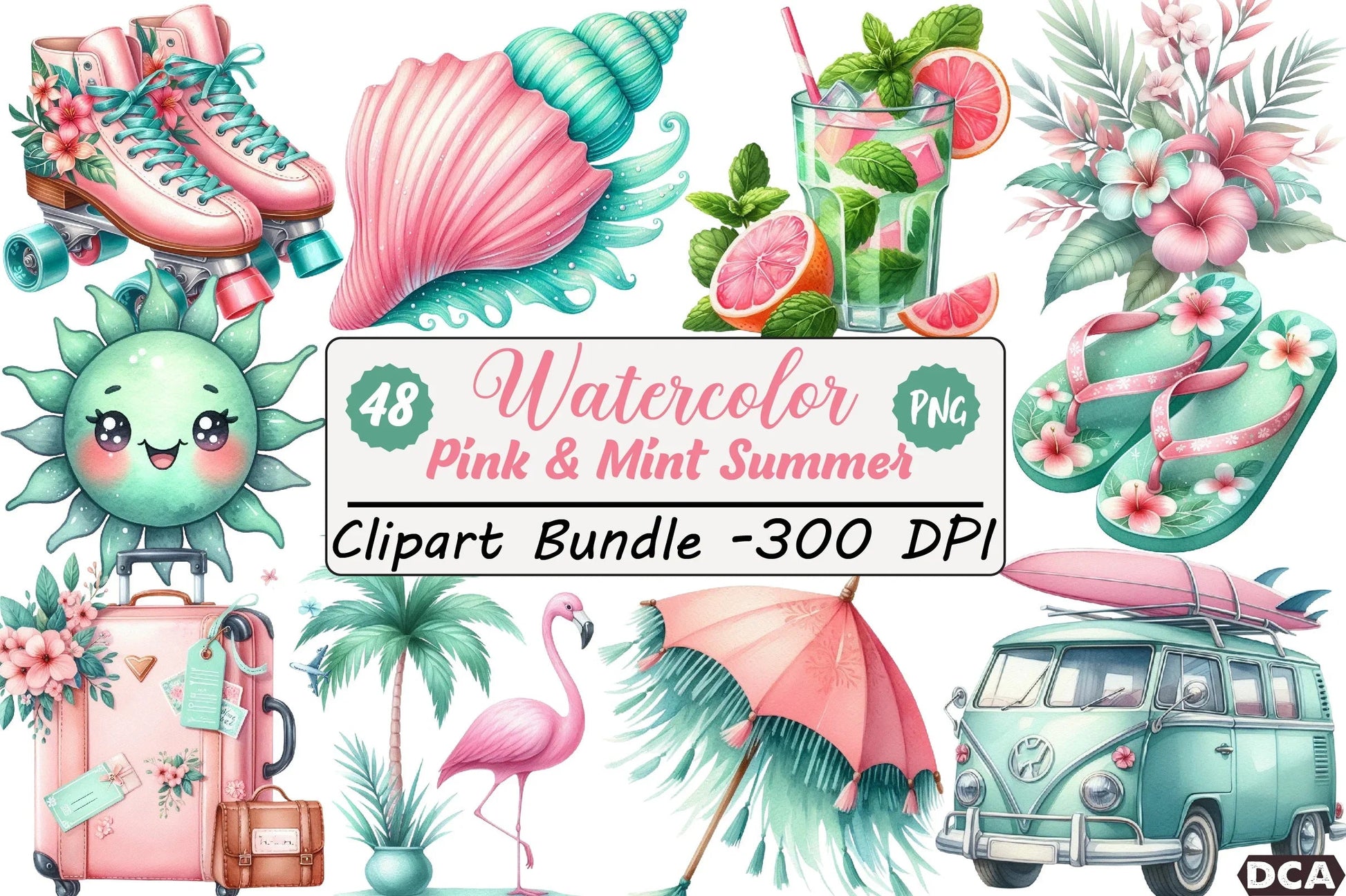 Pink & Mint Summer Clipart Bundle - CraftNest - Digital Crafting and Art