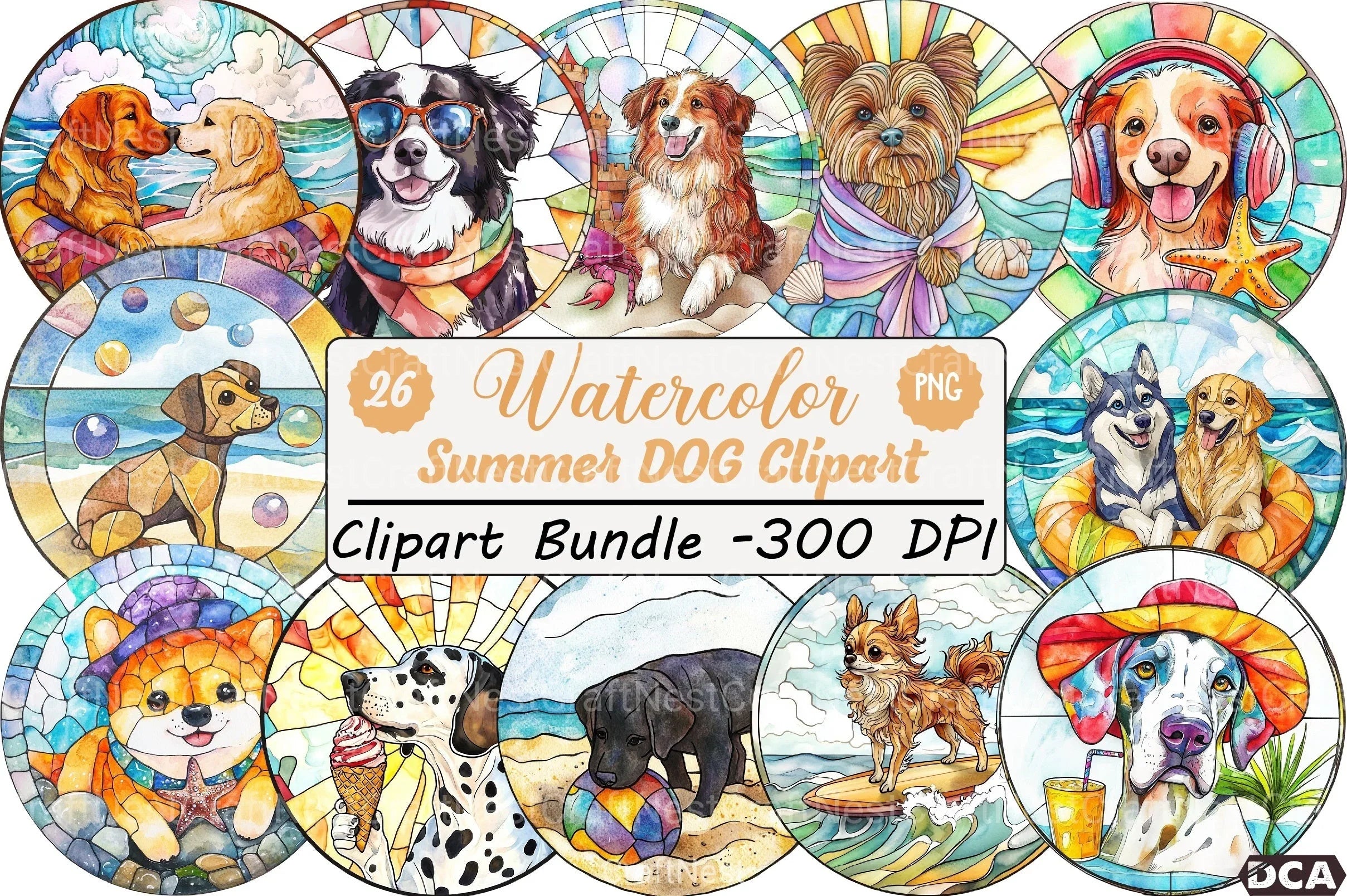 Round Stained Glass Summer Dog Clipart Bundle - CraftNest - Digital Crafting and Art