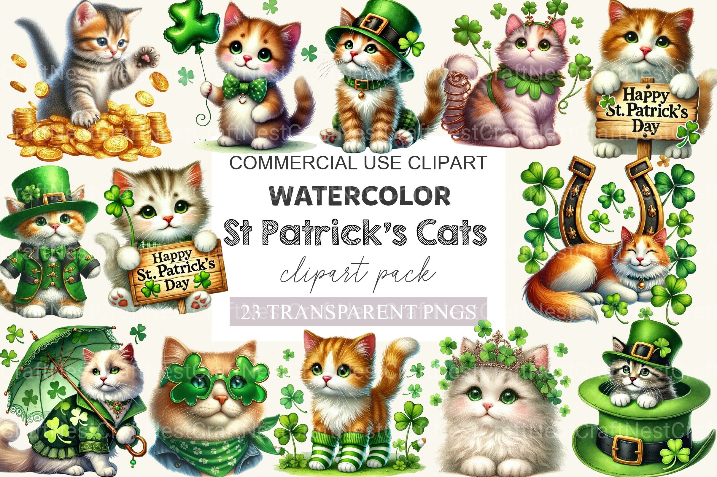 St Patrick's Cats Clipart Bundle