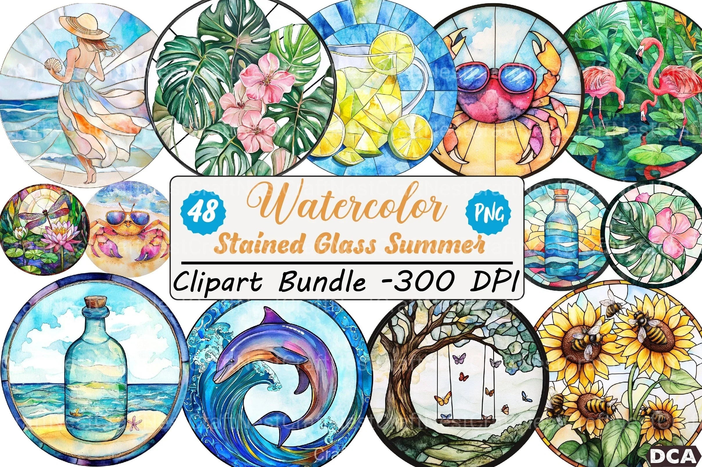 Round Stained Glass Summer Clipart Bundle 99 - CraftNest - Digital Crafting and Art