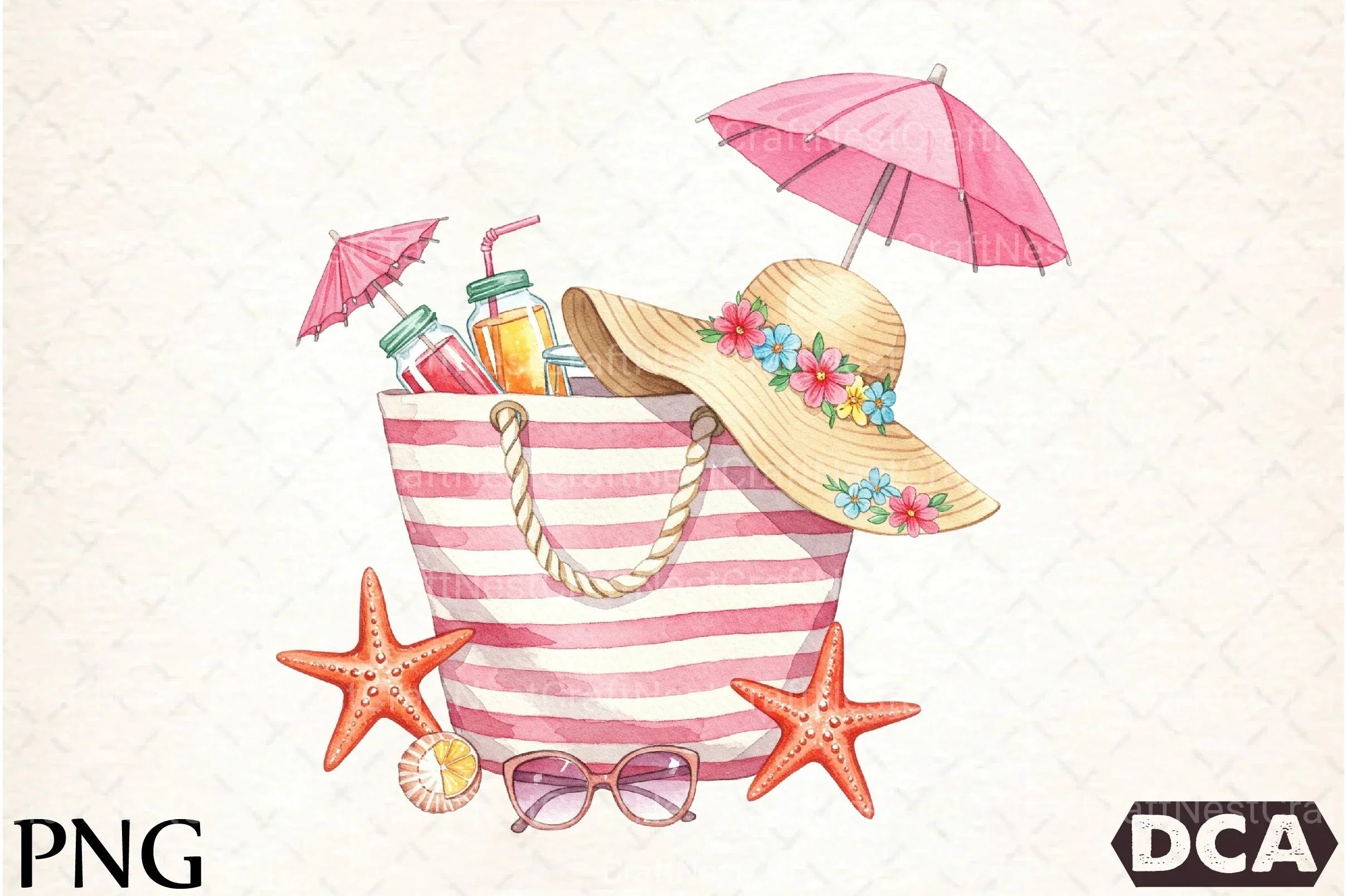 Pink Striped Beach Bag with Drinks Clipart Bundle 2 - CraftNest - Digital Crafting and Art