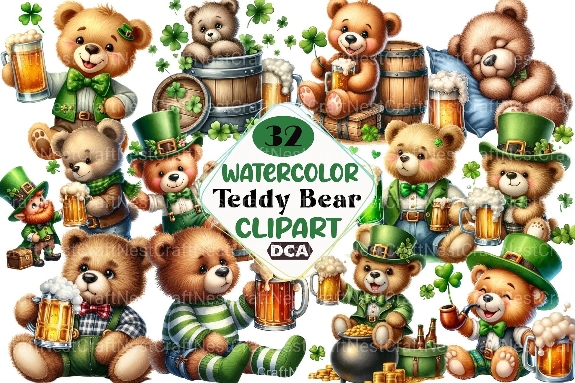 St. Patrick's Day Teddy Bear Drinking Beer Clipart Bundle - CraftNest - Digital Crafting and Art