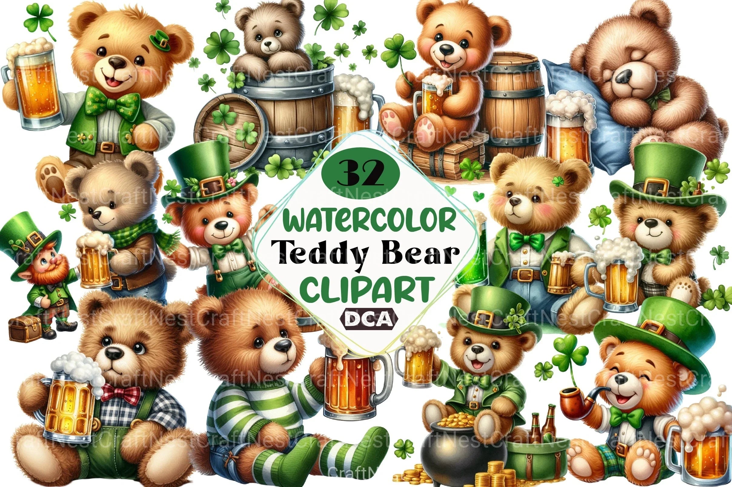 St. Patrick's Day Teddy Bear Drinking Beer Clipart Bundle - CraftNest - Digital Crafting and Art