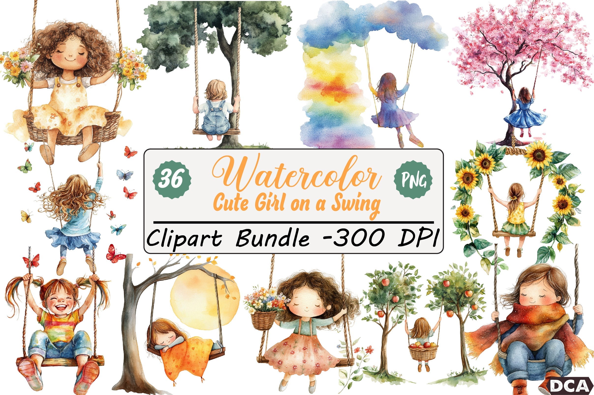 Cute Girl on Swing Clipart Bundle