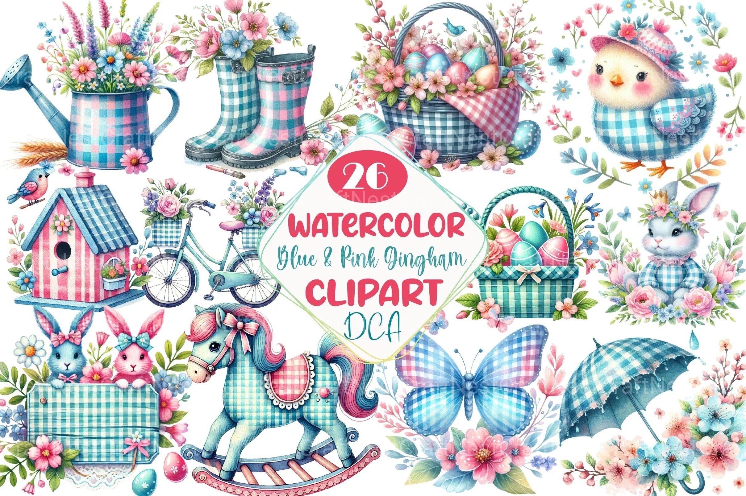 Blue & Pink Gingham Spring Clipart Bundle 7 - CraftNest - Digital Crafting and Art