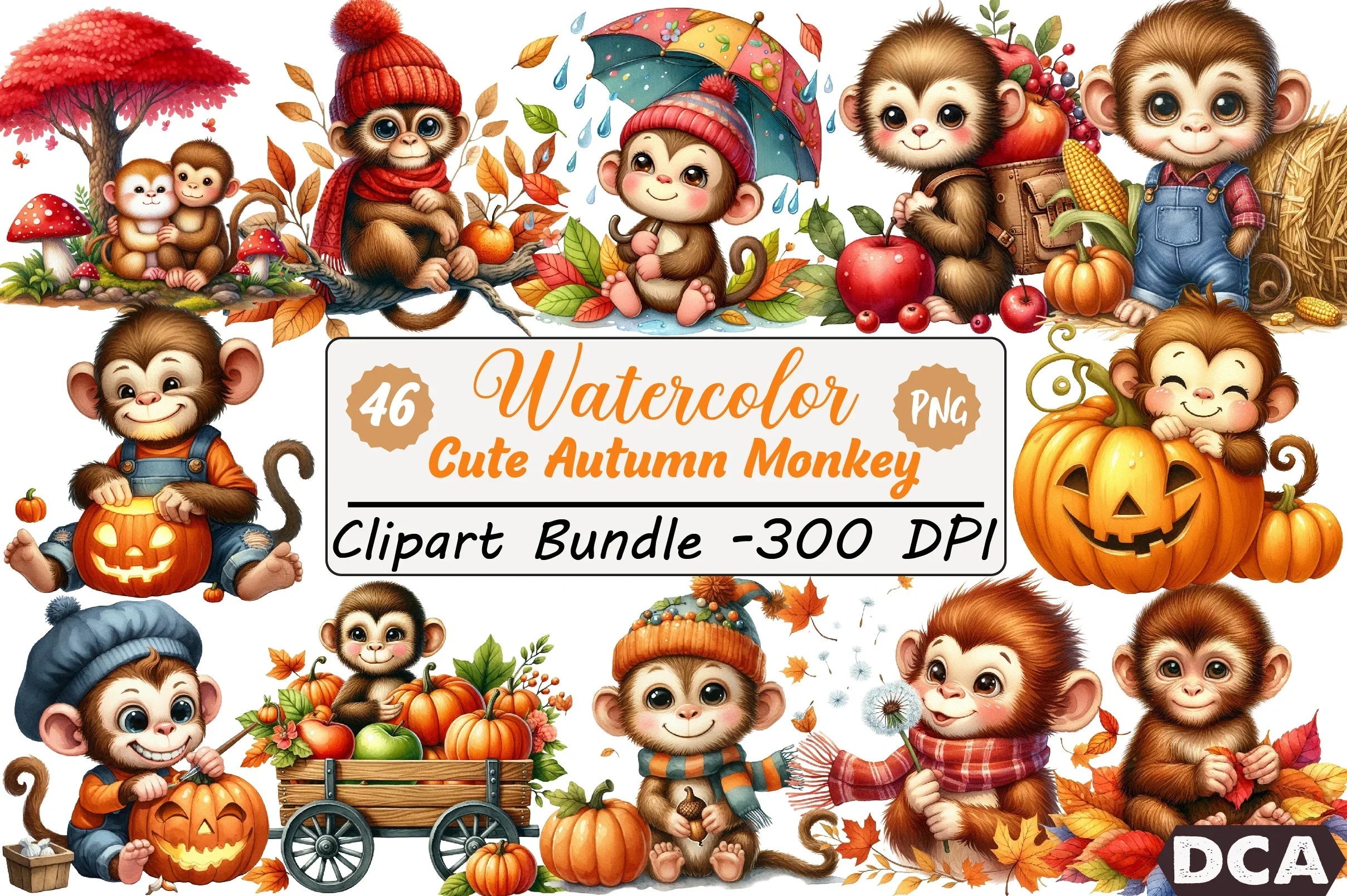 Cute Autumn Monkey Clipart Bundle - CraftNest - Digital Crafting and Art