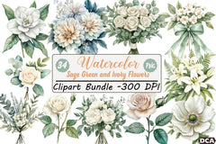 Sage Green and Ivory Floral Clipart Bundle - CraftNest - Digital Crafting and Art