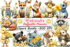 Cute Animals with Daffodils Clipart Bundle - CraftNest - Digital Crafting and Art