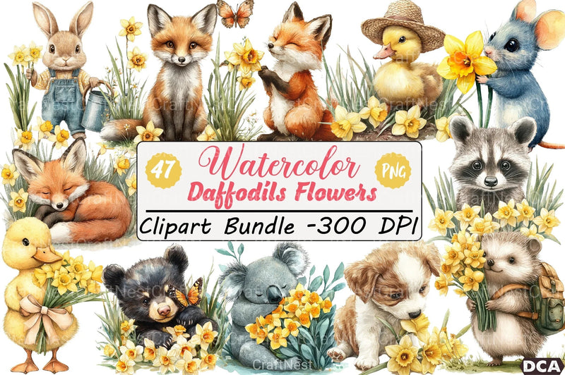 Cute Animals with Daffodils Clipart Bundle - CraftNest - Digital Crafting and Art
