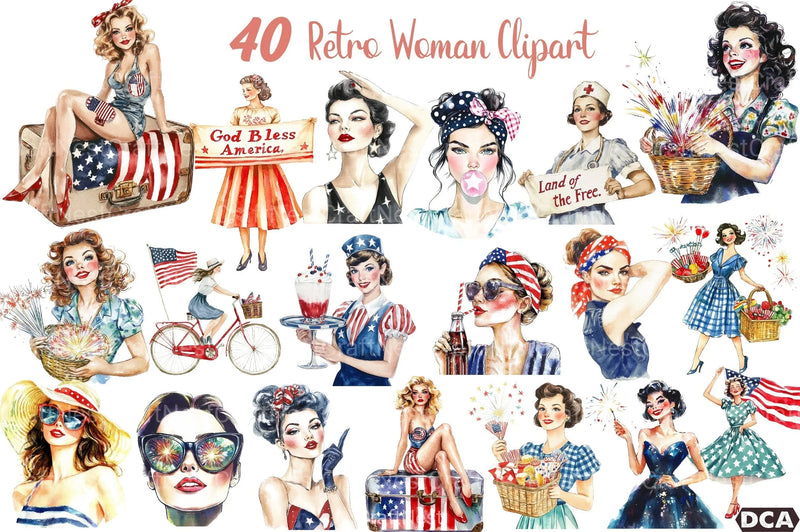 Retro Woman 4th of July Clipart Bundle - CraftNest - Digital Crafting and Art