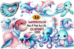Blue & Pink Sea Life Clipart Bundle - CraftNest - Digital Crafting and Art