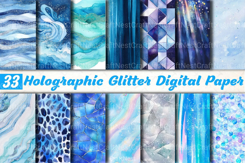Blue Holographic Glitter Digital Paper - CraftNest - Digital Crafting and Art