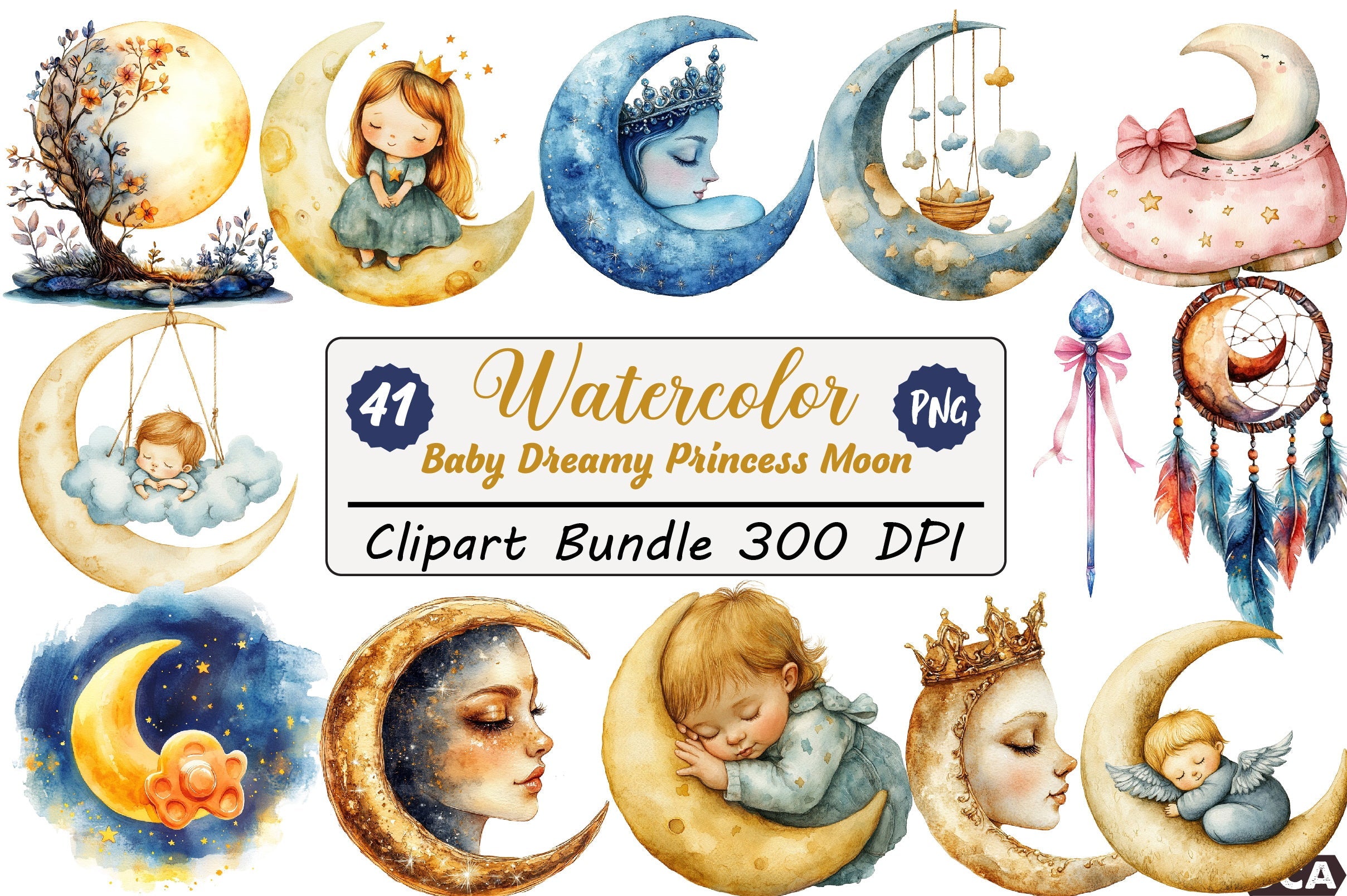 Dreamy Princess Moon Baby Clipart Bundle