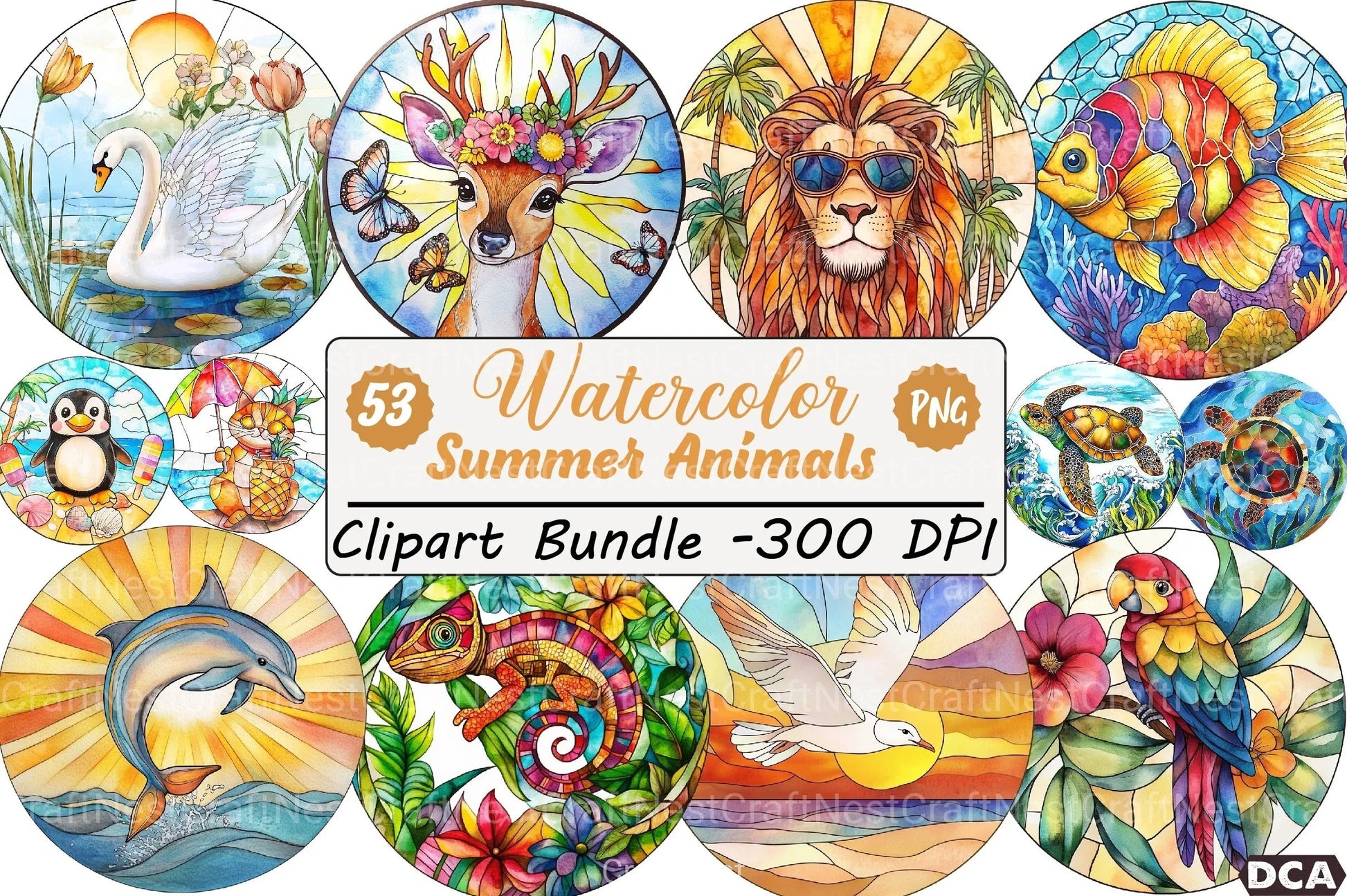 Round Stained Glass Summer Animals Clipart Bundle - CraftNest - Digital Crafting and Art