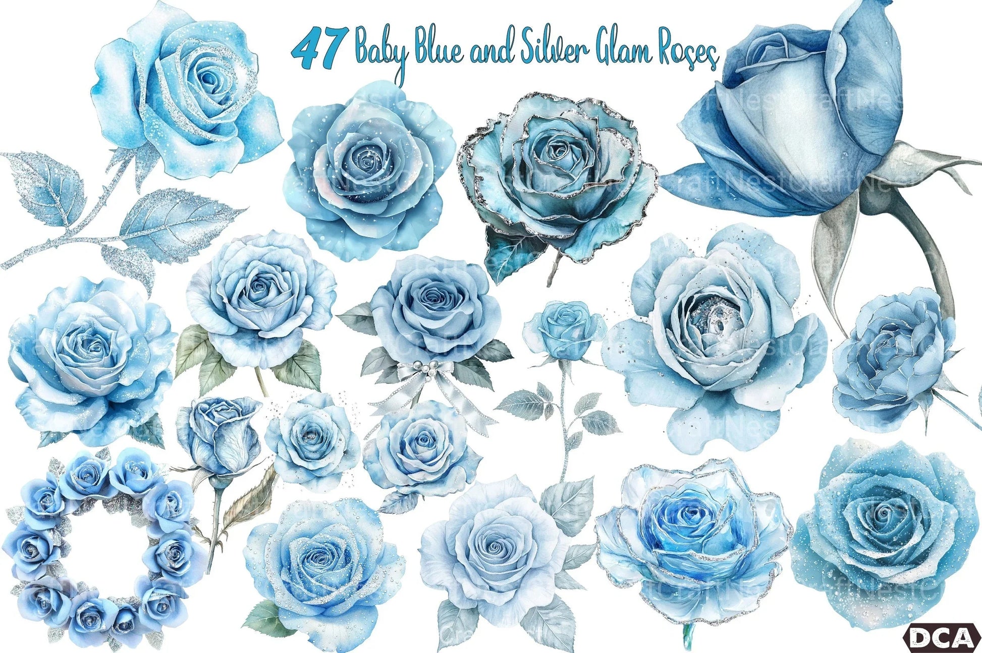 Baby Blue & Silver Glam Roses Clipart Bundle - CraftNest - Digital Crafting and Art