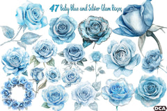 Baby Blue & Silver Glam Roses Clipart Bundle - CraftNest - Digital Crafting and Art