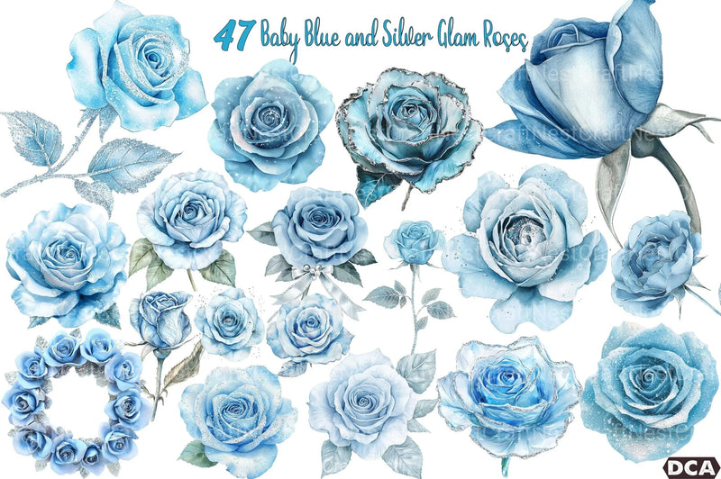 Baby Blue & Silver Glam Roses Clipart Bundle - CraftNest - Digital Crafting and Art