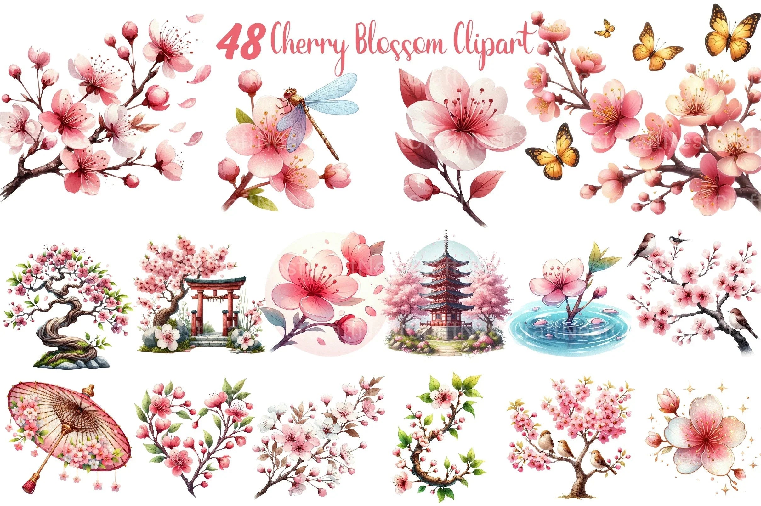 Japanese Cherry Blossom Clipart Bundle - CraftNest - Digital Crafting and Art