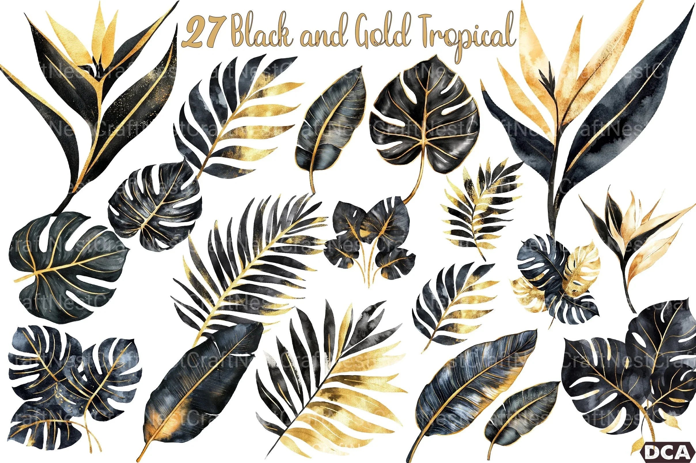 Black and Gold Tropical Clipart Bundle - CraftNest - Digital Crafting and Art