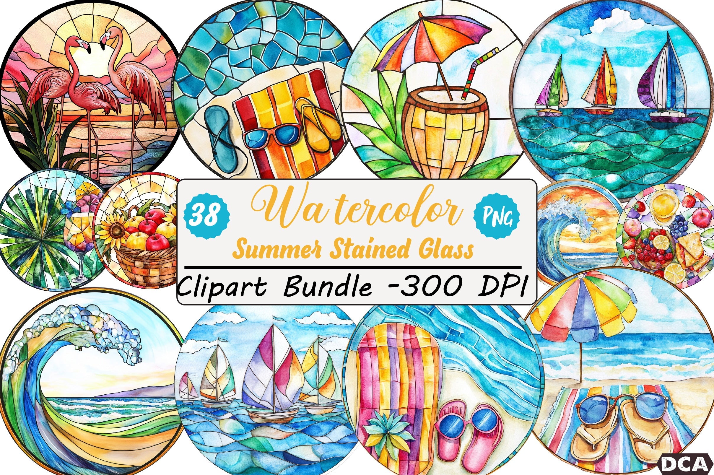 Stained Glass Summer Design Clipart Bundle