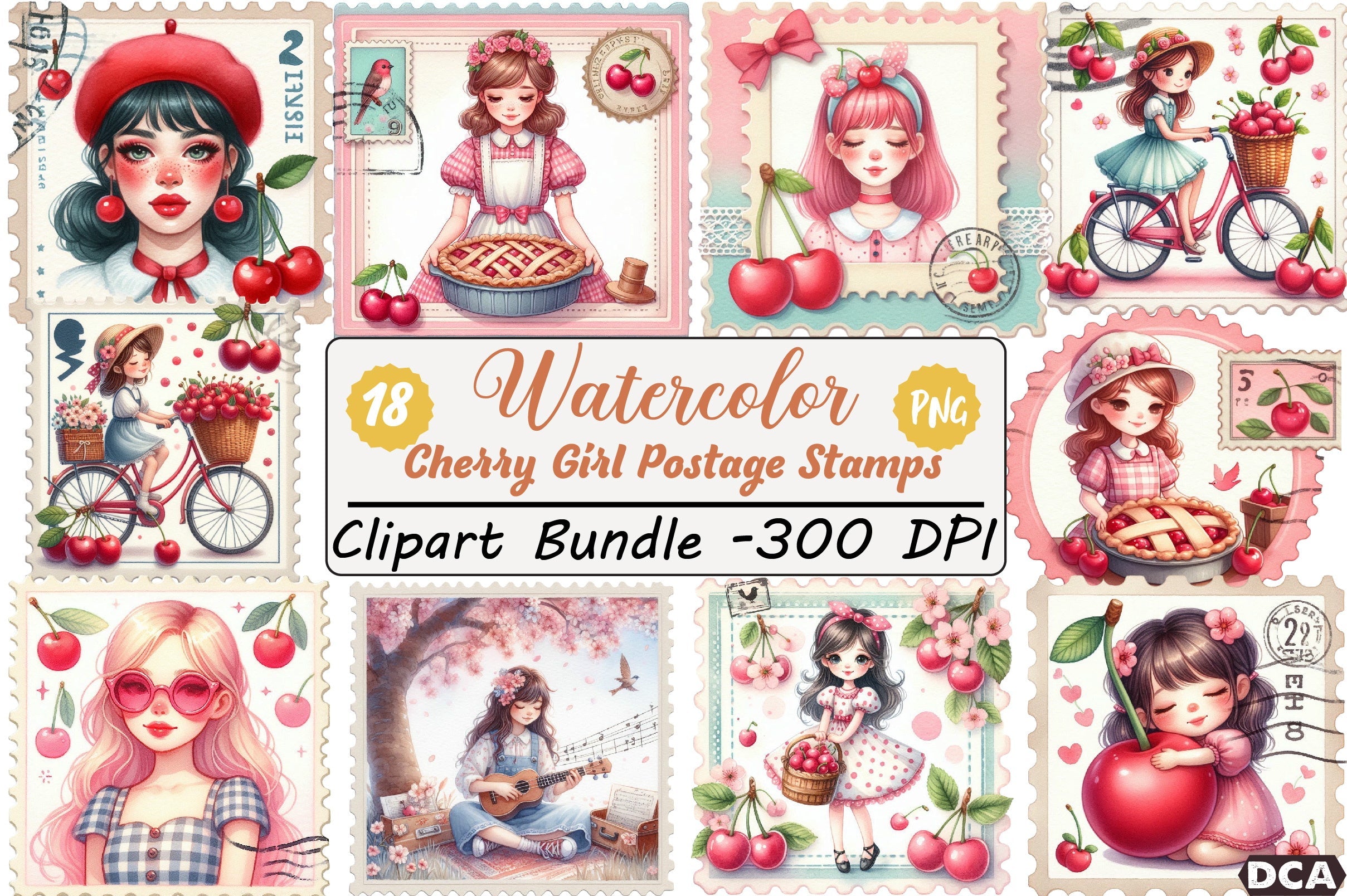 Cherry Girl Postage Stamps Clipart Bundle