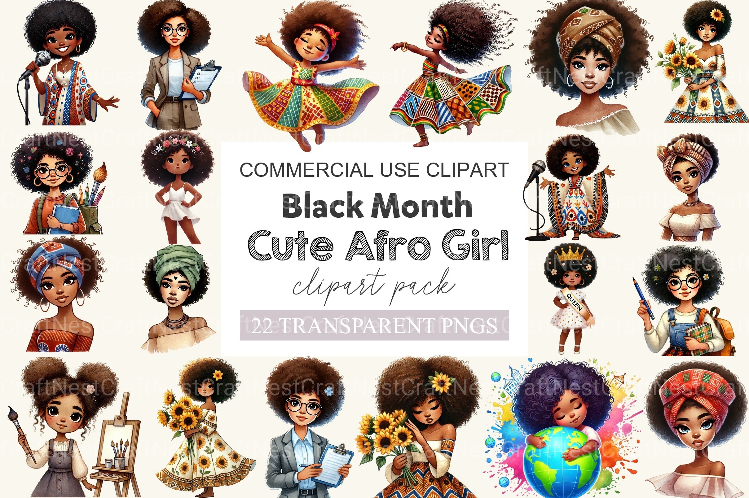 Black History Month Afro Girl Clipart Bundle 3