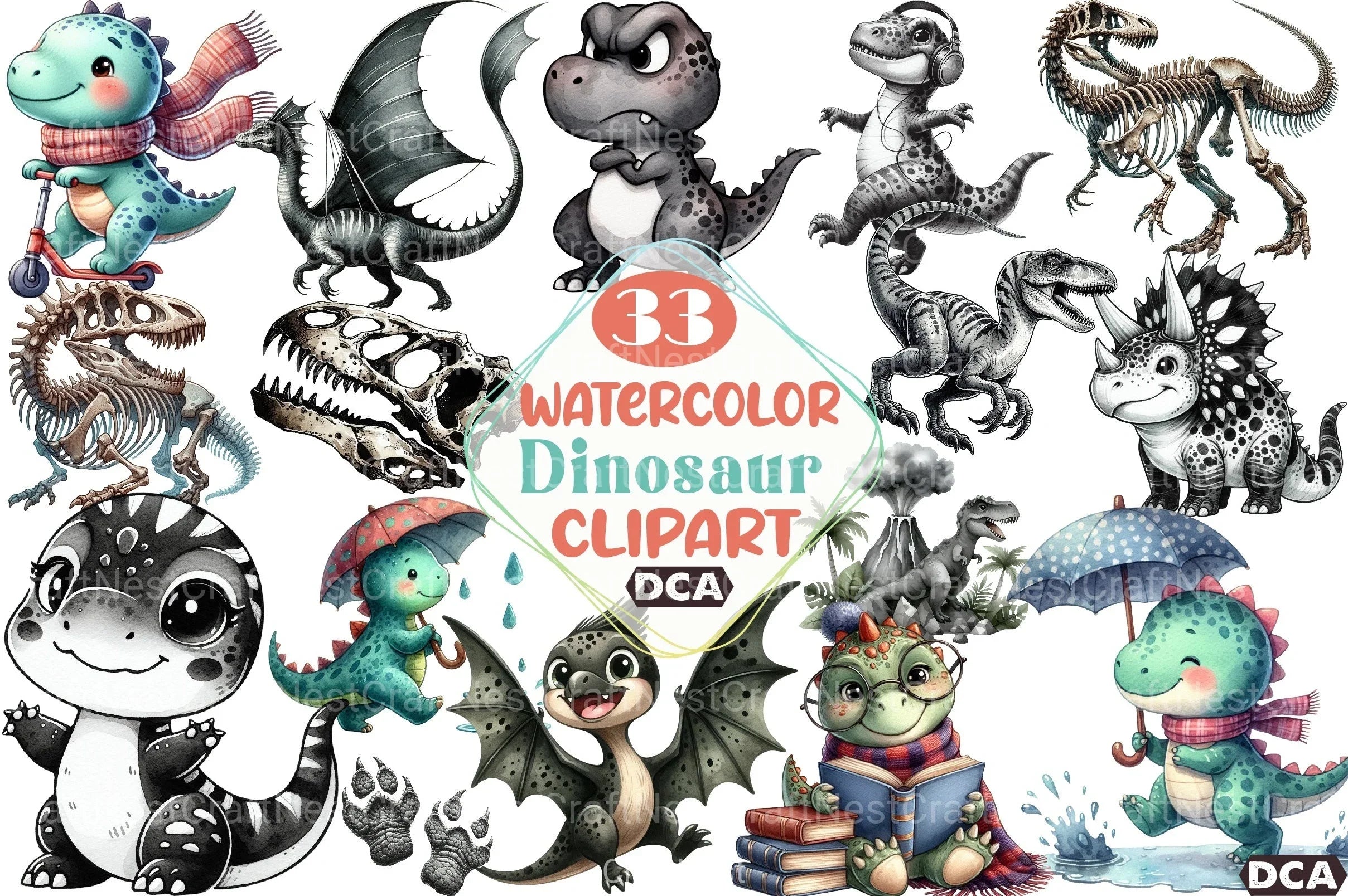 Dinosaur Black and White Clipart Bundle - CraftNest - Digital Crafting and Art