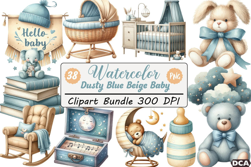 Dusty Blue Beige Baby Nursery Clipart Bundle - CraftNest - Digital Crafting and Art