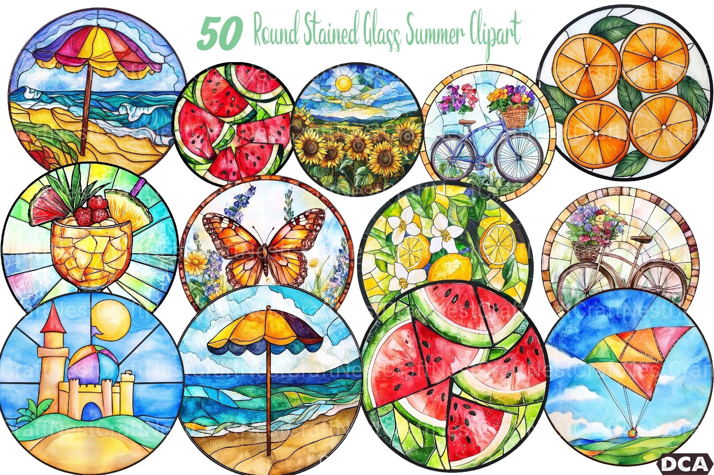Round Stained Glass Summer Clipart Bundle 9 - CraftNest - Digital Crafting and Art