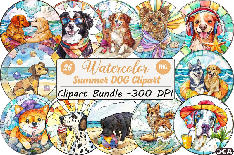Round Stained Glass Summer Dog Clipart Bundle - CraftNest - Digital Crafting and Art