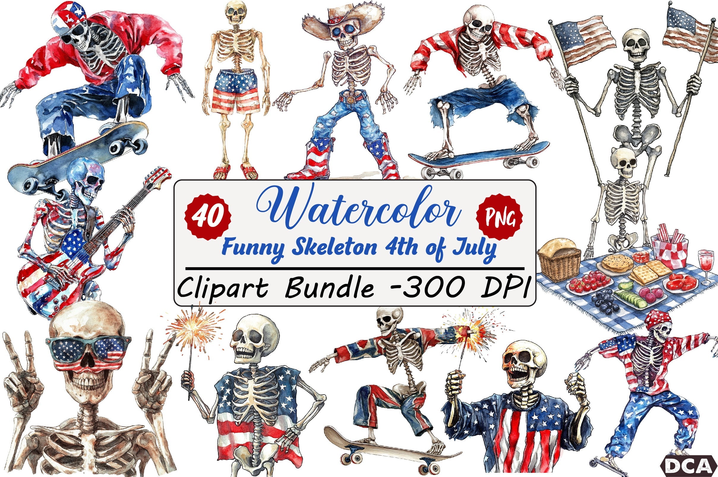 Funny Skeleton 4th of July Clipart Bundle