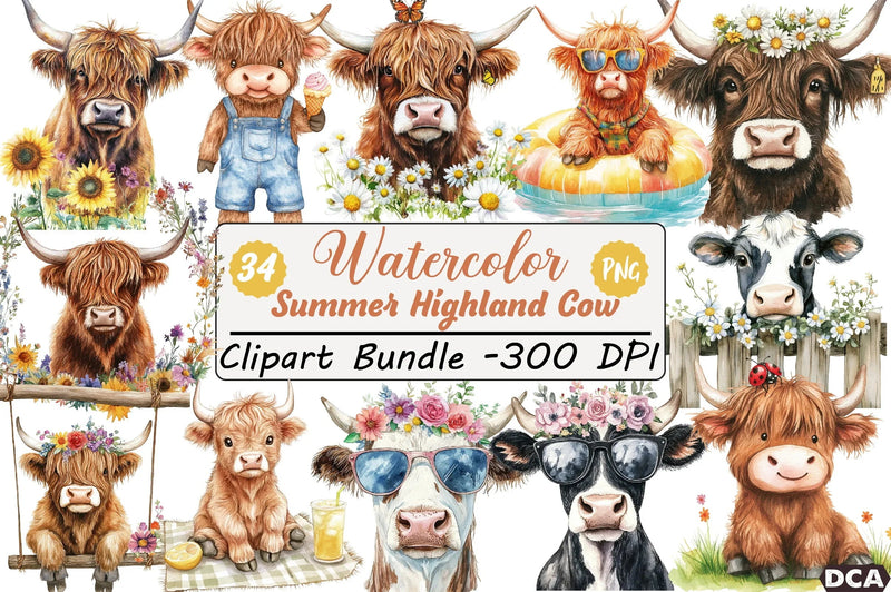 Summer Highland Cow Clipart Bundle - CraftNest - Digital Crafting and Art