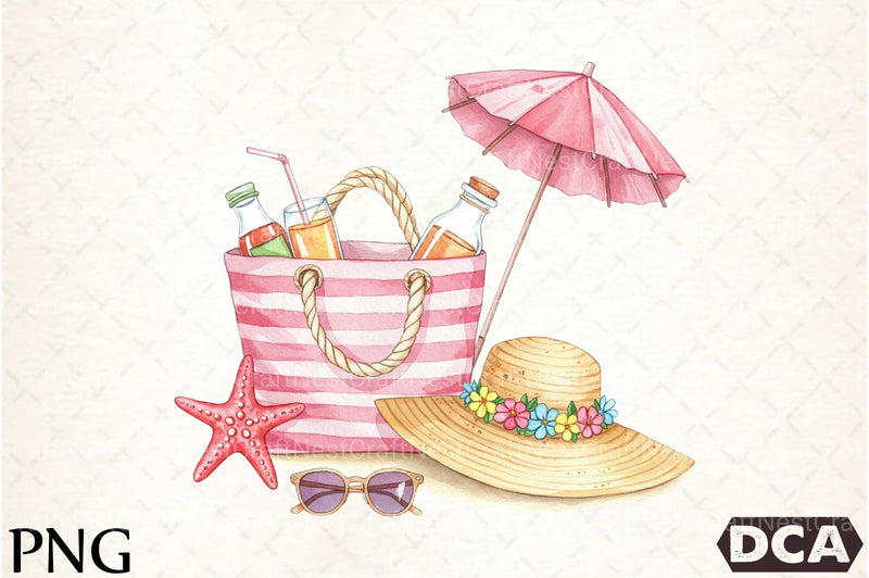 Pink Striped Beach Bag with Drinks Clipart Bundle - CraftNest - Digital Crafting and Art