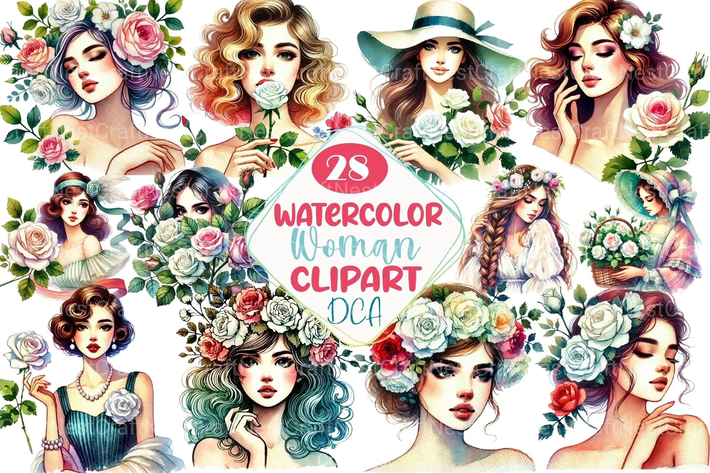 Spring White Roses & Woman Clipart Bundle 1 - CraftNest - Digital Crafting and Art