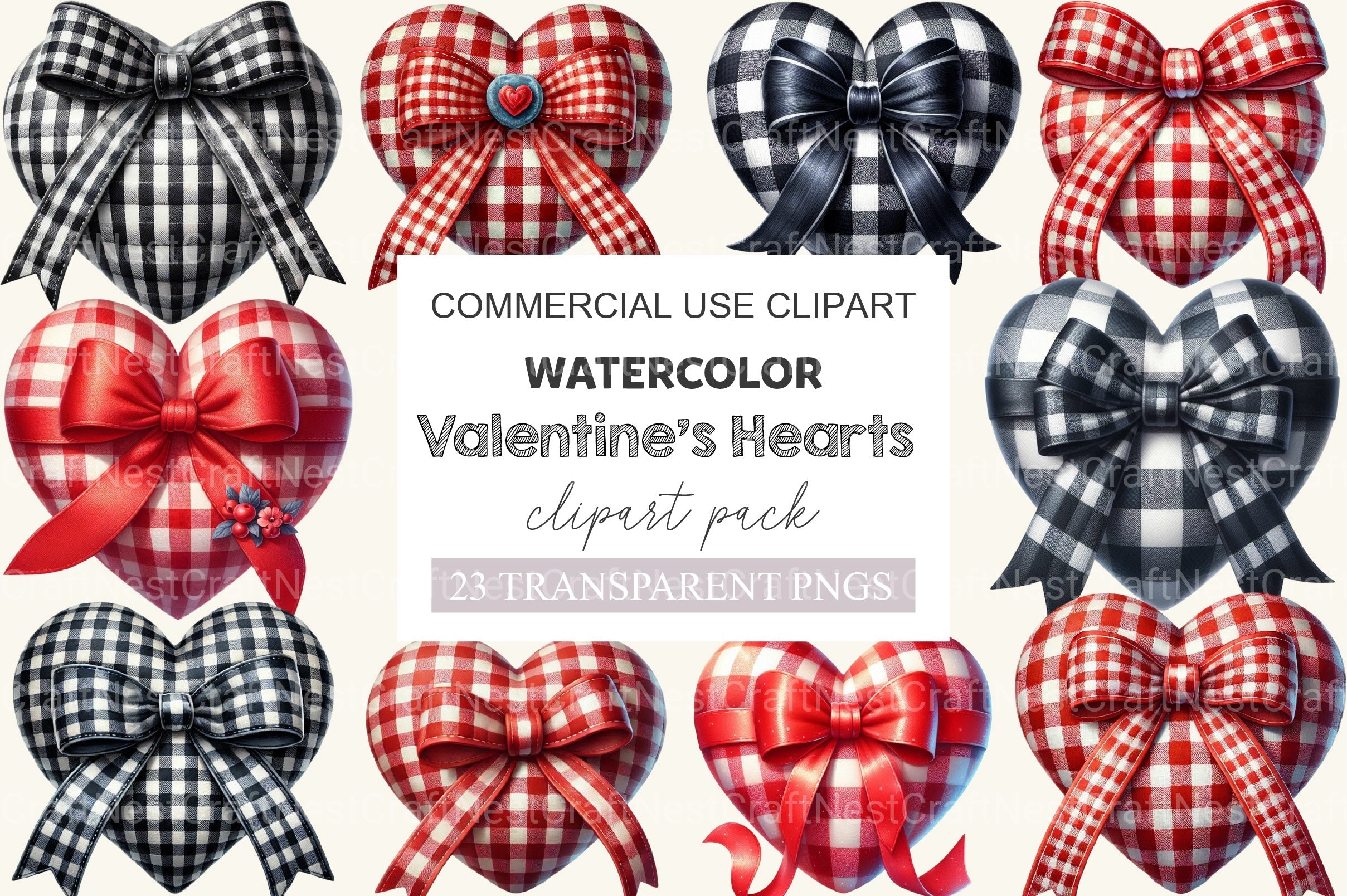 Valentine Gingham Hearts Clipart Bundle