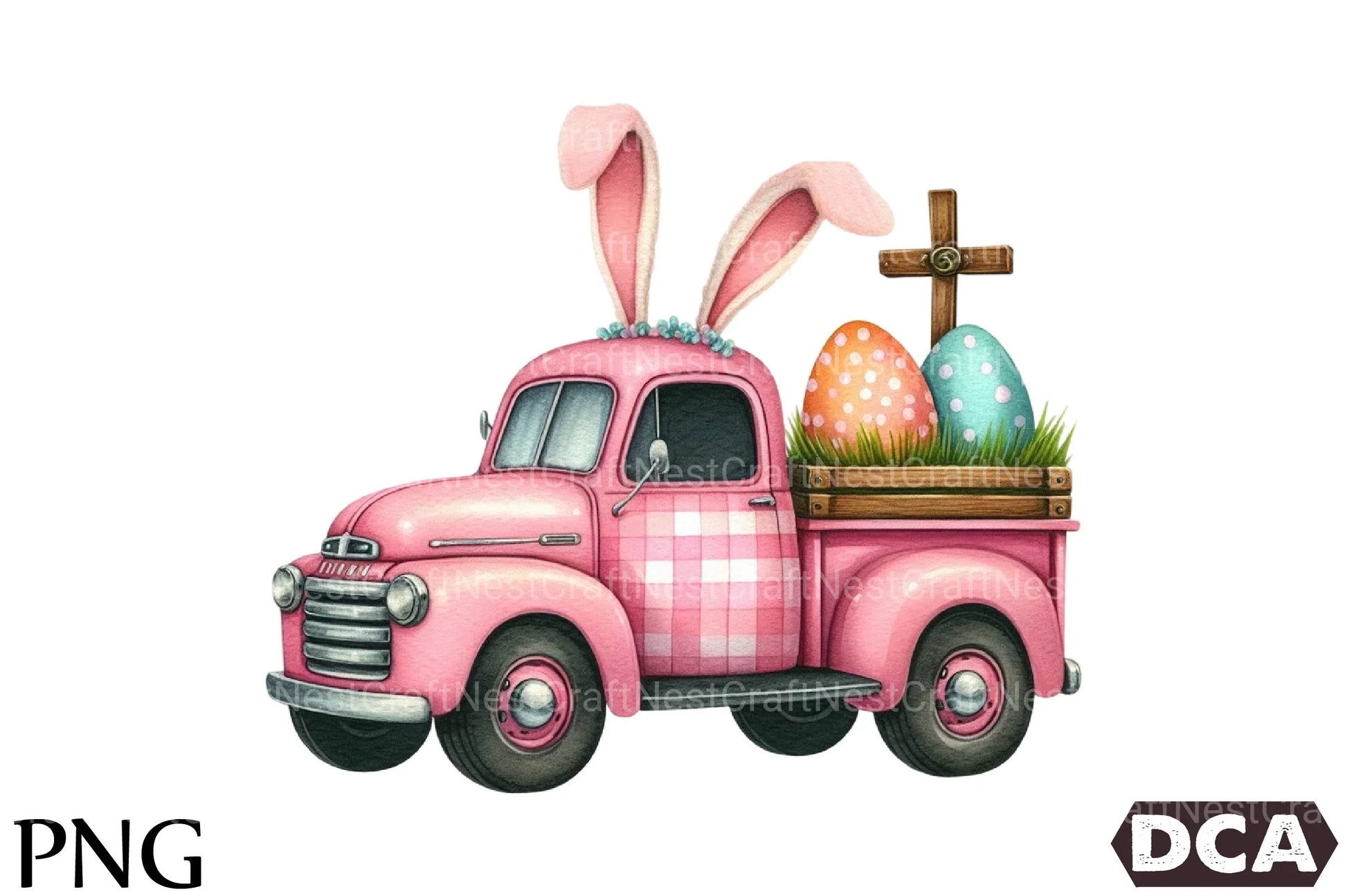 Pink Checkered Truck with Bunny Ears Clipart Bundle 1 - CraftNest - Digital Crafting and Art