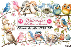 Cute Birds on Branch Clipart Bundle - CraftNest - Digital Crafting and Art