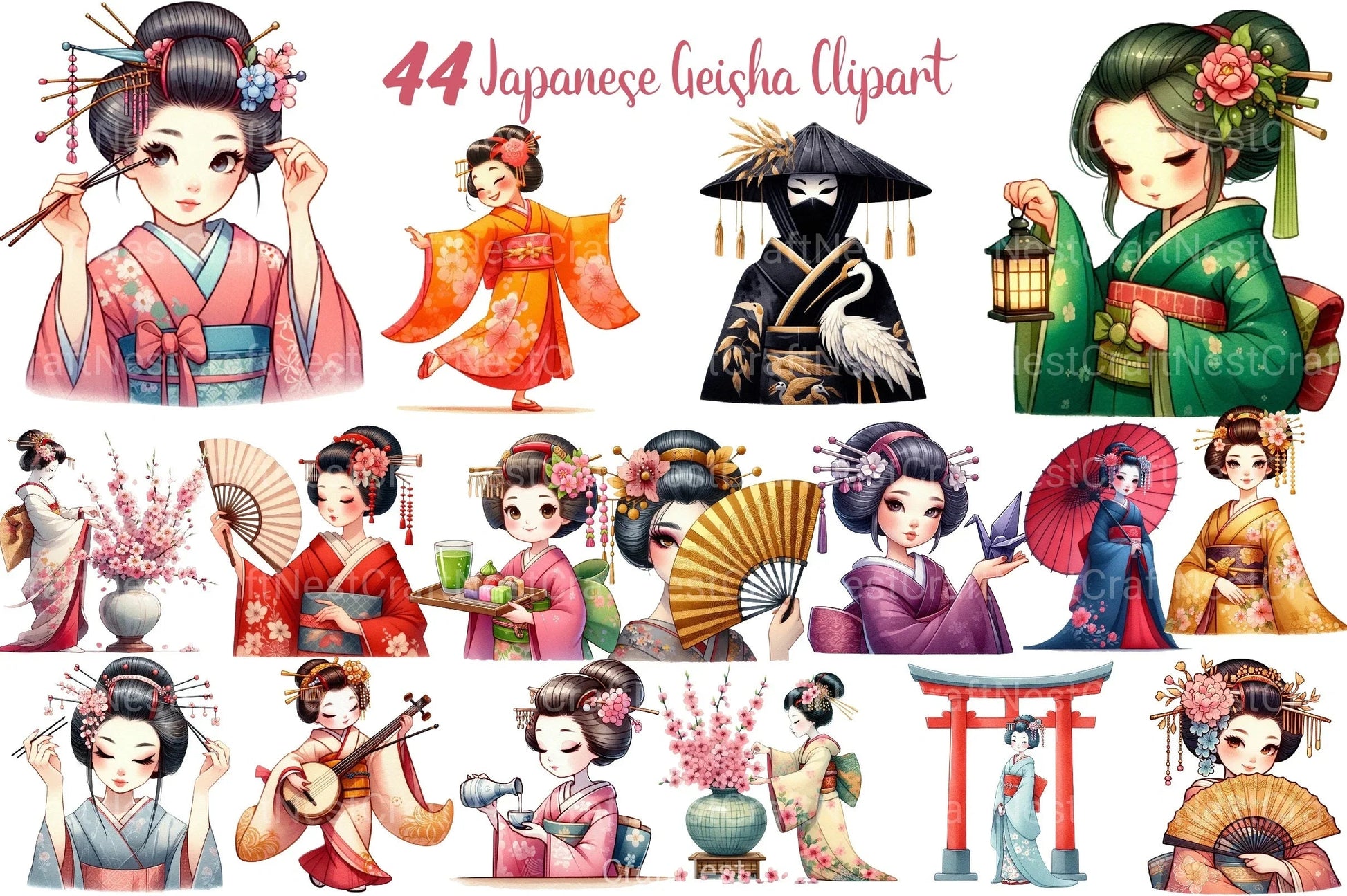 Japanese Geisha Clipart Bundle - CraftNest - Digital Crafting and Art