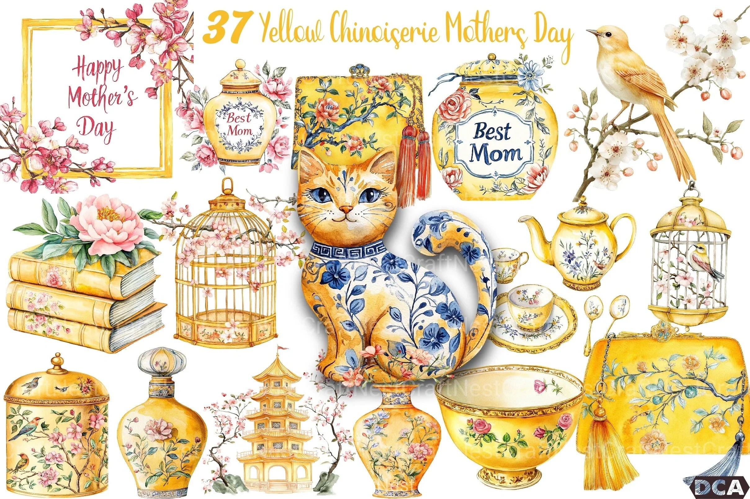 Yellow Chinoiserie Mother's Day Clipart Bundle 3 - CraftNest - Digital Crafting and Art