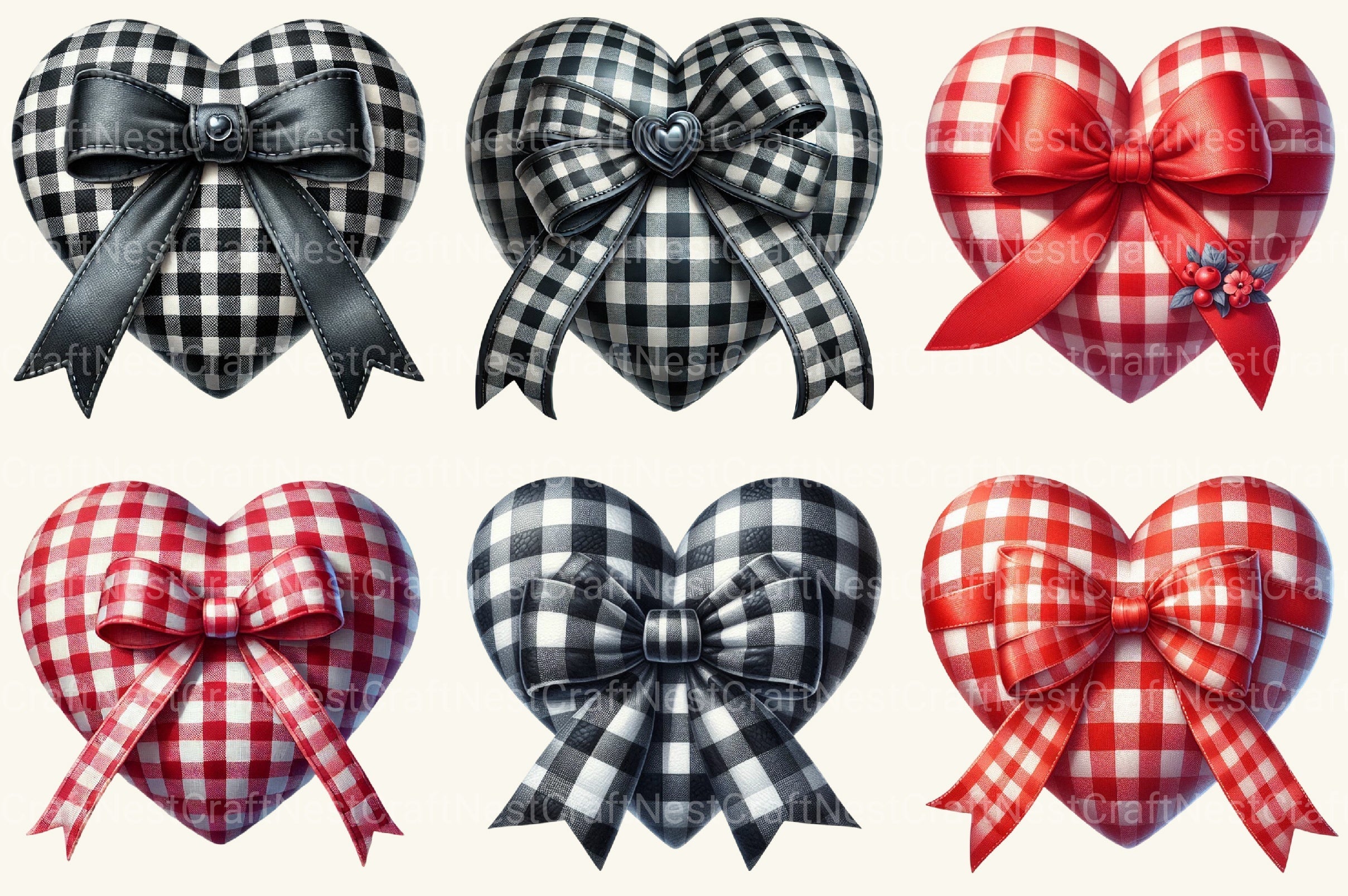 Valentine Gingham Hearts Clipart Bundle