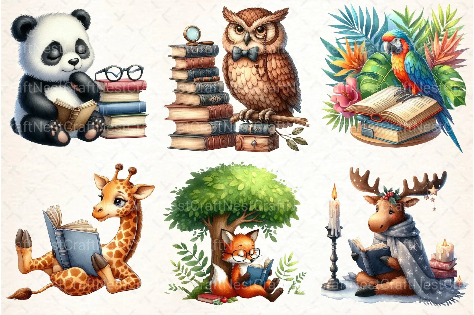 Animals Reading Books Clipart Bundle - CraftNest - Digital Crafting and Art