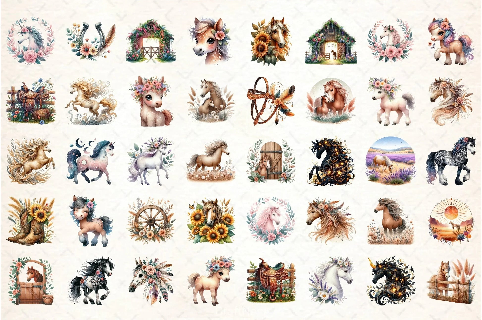 Boho Wild Flowers Horse Clipart Bundle - CraftNest - Digital Crafting and Art