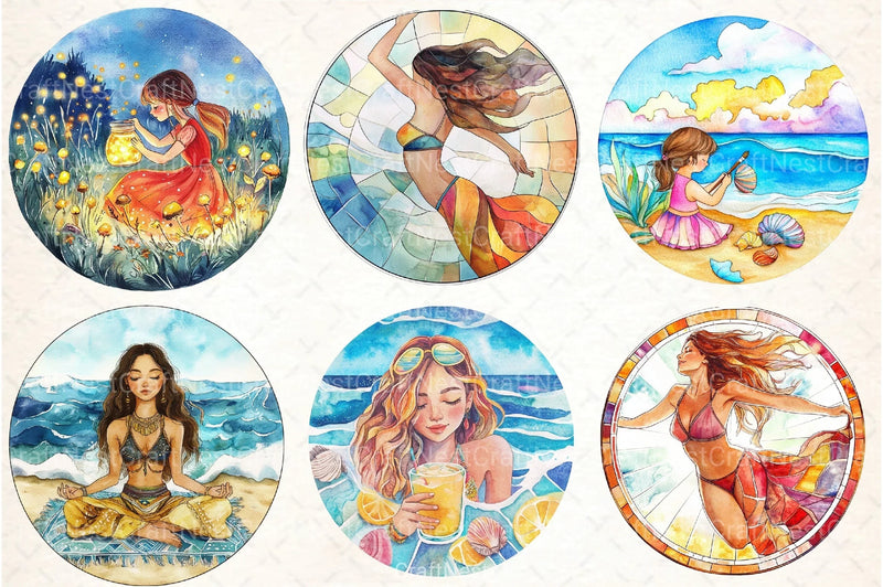 Stained Glass Summer Girls Clipart Bundle - CraftNest - Digital Crafting and Art