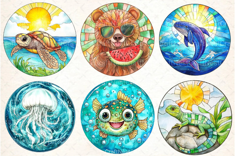 Round Stained Glass Summer Animals Clipart Bundle - CraftNest - Digital Crafting and Art